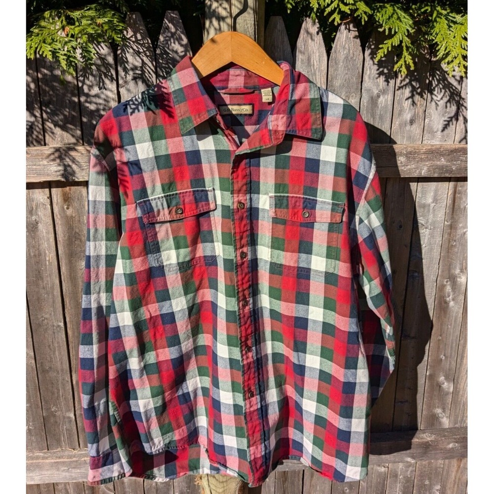 G.H. Bass & Co Men's L Plaid Flannel Shirt‎ Red Green Blue Button Front Classic